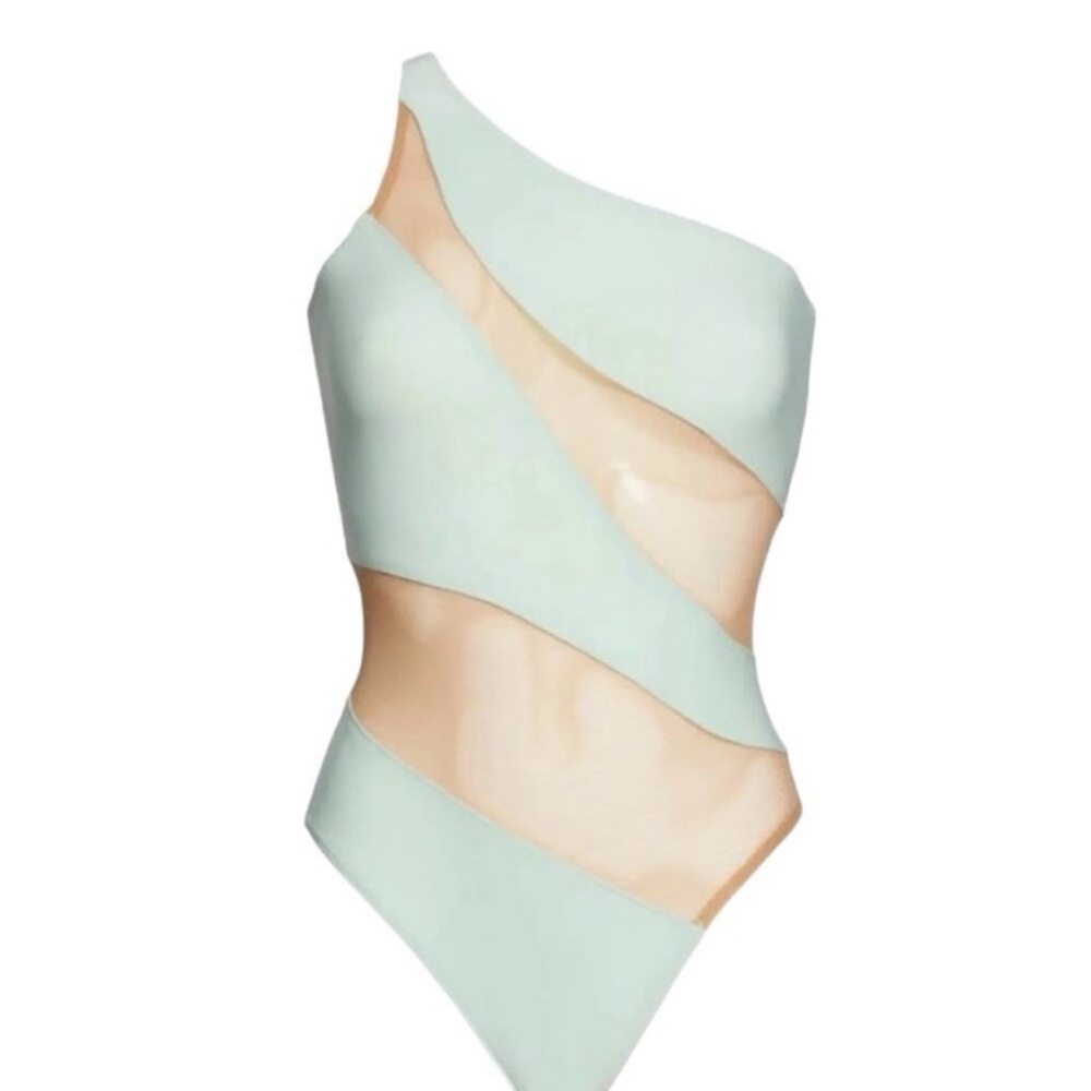 One-Shoulder Mint & Nude Cutout One-Piece Swimsuit